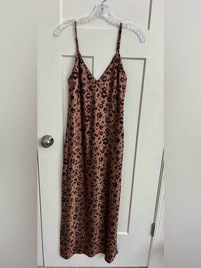 A New Day Leopard Satin Slip Dress Brown Animal Print Midi Cami Strappy S NWT